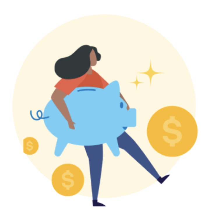 Illustration of a person holding a large blue piggy bank with gold dollar coins and sparkles around them, symbolizing savings or financial success.